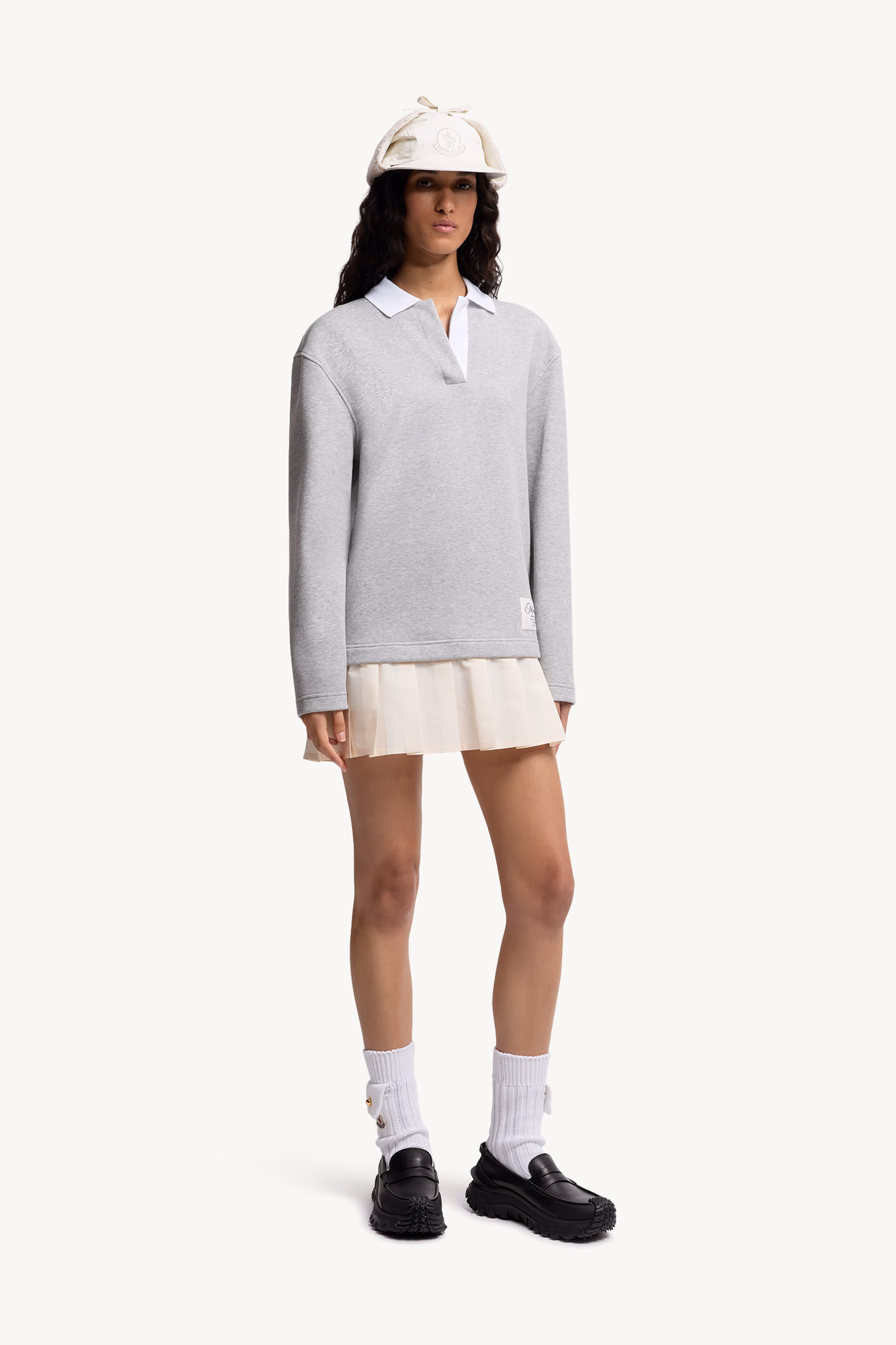 Pleated Cotton Blend Polo Dress Women Grey Moncler 0